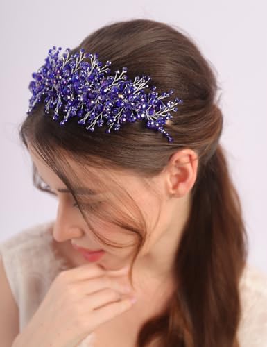 Blue Rhinestone Beaded Hair Crown Tiara for Brides