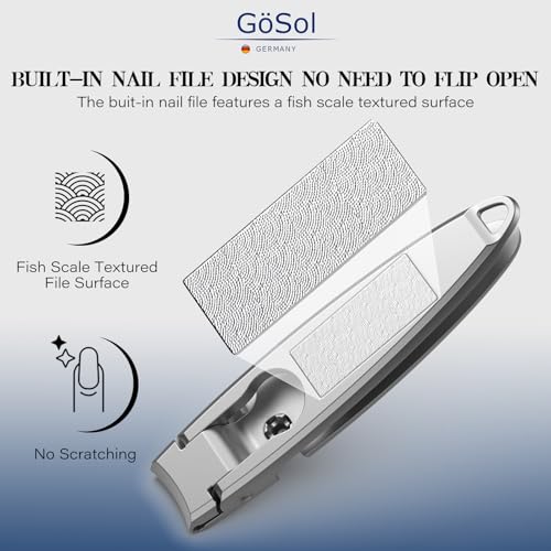 GÖSOL Stainless Steel Wide Jaw Nail Clipper with Catcher & Built-in File