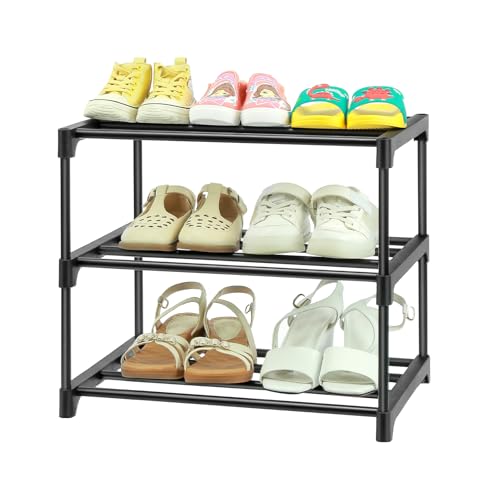 HITHIM 3-Tier Narrow Black Shoe Rack - Stackable Organizer for Small Spaces