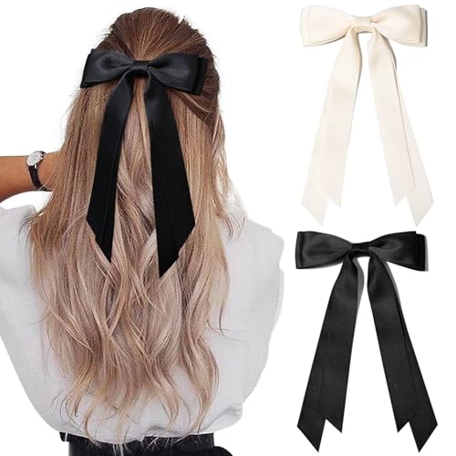 2PCS Handmade Satin Hair Bows Clips for Women & Girls - Beige & Black