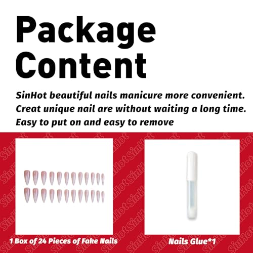 SINHOT Long Stiletto Press On Nails with Design - 24 pcs, White Gradient, Nude, Glossy Glue-On Fake Nails, Model 72FN0001