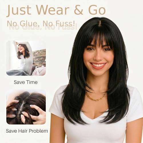 ZRLK 20-Inch Black Layered Straight Wig with Bangs - Beginner Friendly