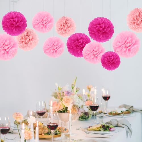 BestoFun 16Pcs Hot Pink Pom Poms for Party Decorations