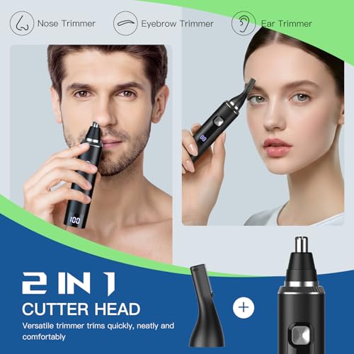 Ginity Nose Hair Trimmer for Men, 2-in-1 Rechargeable Ear and Nose Hair Trimmer with LED Display, IPX7 Waterproof Painless Precision Groomer, Type-C Charging, Professional Dual-Edge Blades£¨Black£©