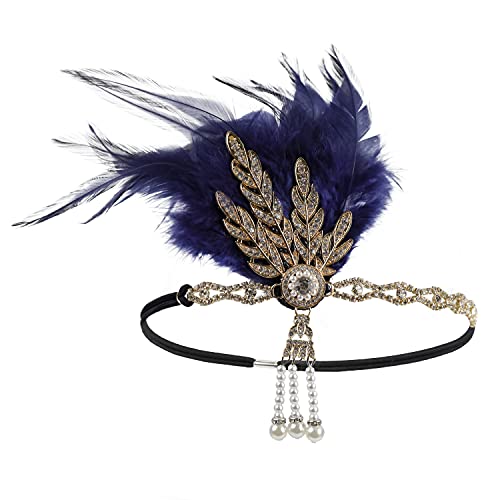 StarDY Vintage 1920s Flapper Feather Headband - Blue & Gold