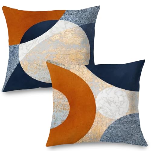 Set of 2 Navy Blue and Orange Decorative Pillow Covers - 18x18