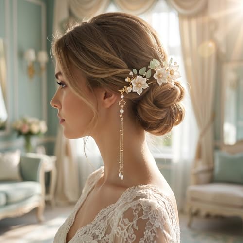 Camelia 5pcs Flower Tassel Hairpins for Women, Retro Crystal Pearl Hair Clips, Hanfu Wedding Bridal Accessories
