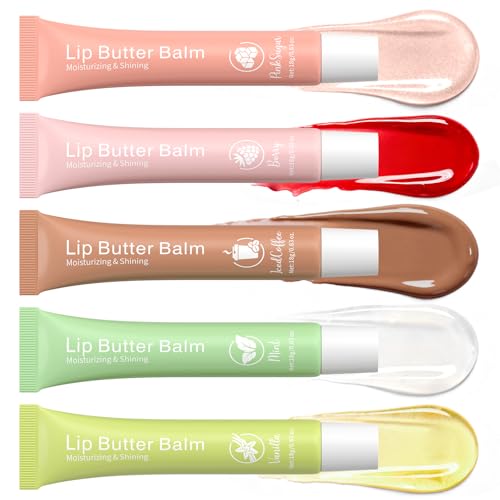 RIHAKO Glossy Lip Balm & Lip Gloss Set – Hydrating 5-Piece Lip Butter Collection Vanilla, Berry, Mint, Coffee, Pink Sugar