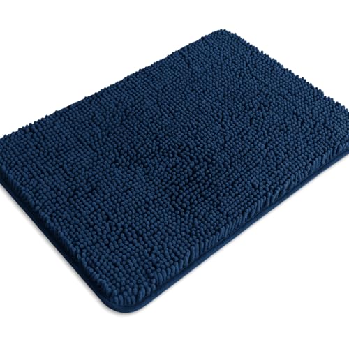 Navy Blue Non-Slip Bath Rug – Absorbent Chenille Mat 17" x 24"