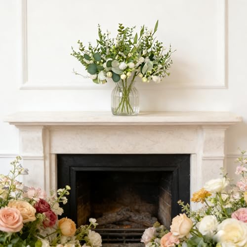 Artificial Eucalyptus Stems with White Florals - Set of 6, 18 Inch