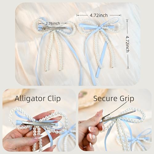 Light Blue Pearl Bow Hair Clips - Adjustable Set of 2 for Girls & Women