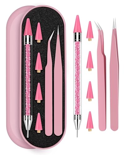 Pink Rhinestone Picker Tool Set with Extra Wax Tips & Tweezers - Difenni