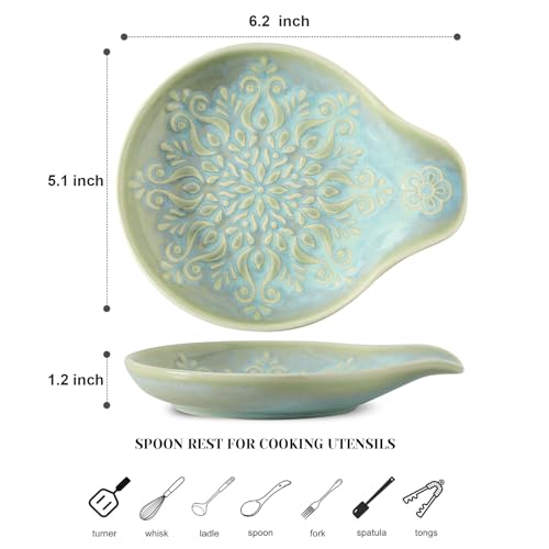 Farmhouse Ceramic Spoon Rest Holder for Kitchen Countertop - Green