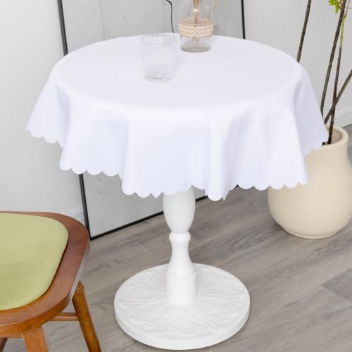 36" White Water-Resistant Polyester Round Tablecloth with Scalloped Edges
