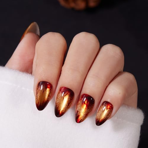VSALON Press on Nails Short Almond - A2 Warm Fireplace, Golden Cat Eye Flame Design, 32 PCS