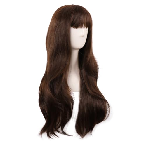 MapofBeauty 28 Inch Long Wavy Brown Wig with Flat Bangs for Cosplay