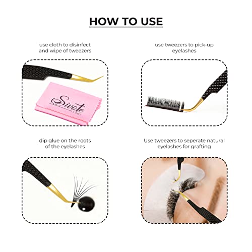 SIVOTE Fiber Tip Lash Tweezers Set of 4 with Black Variation - Diamond Grip Japanese Steel Anti-Rust