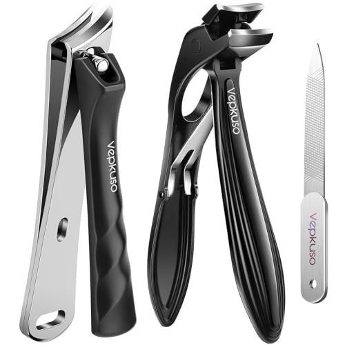 Vepkuso Black Toenail Clippers Set for Thick Nails - Heavy Duty Stainless Steel