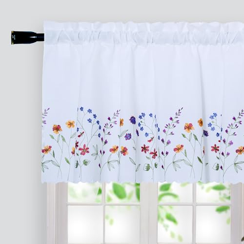 Siykkay Floral Embroidery Curtain Valance - White 52x18 inch