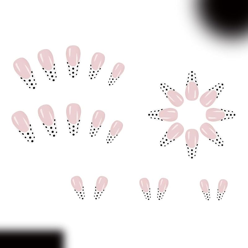 Black Polka Dot French Tip Press-On Nails - 24 Pcs Set