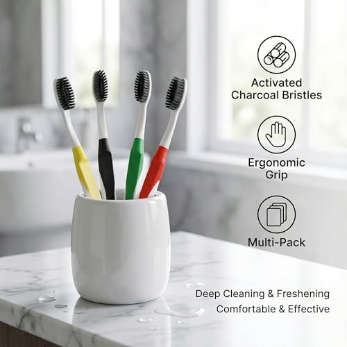 DUJINDENT Dolphin Charcoal Toothbrush - Extra Soft, 4 Pack (Red)