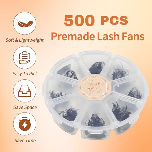 500 Premade Lash Fans 10D 0.07C Curl 8-15mm Mix - GLAMLASH