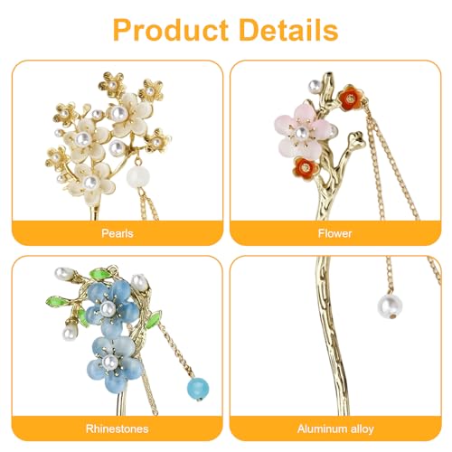 SyhirNmly 8 Gold Japanese & Chinese Hair Sticks with Butterfly Flower Design & Pearl Tassels