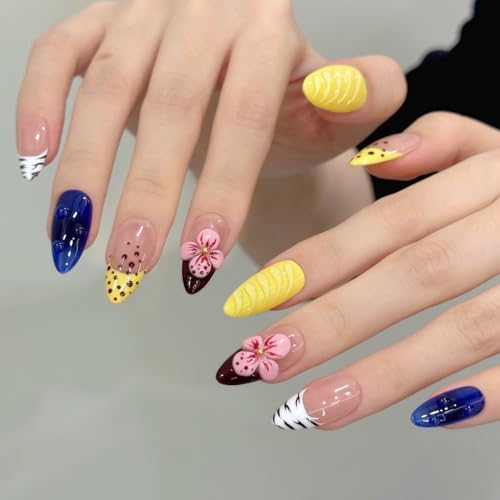 Yacey Handmade 3D Floral Press On Nails - Medium Almond French Tip Set