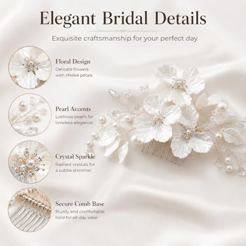 CASOLVX White Pearl Flower Bridal Hair Clip with Rhinestone Silver Leaves