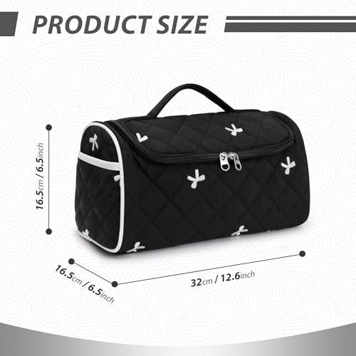 Linpr Quilted Hair Dryer Travel Bag with Bow Black - Portable Hair Tool Organizer