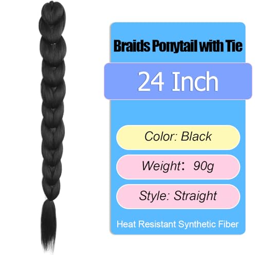 SECPOCPONY 24 Inch Black Synthetic Braided Ponytail with Tie for Costume Cosplay (1B)
