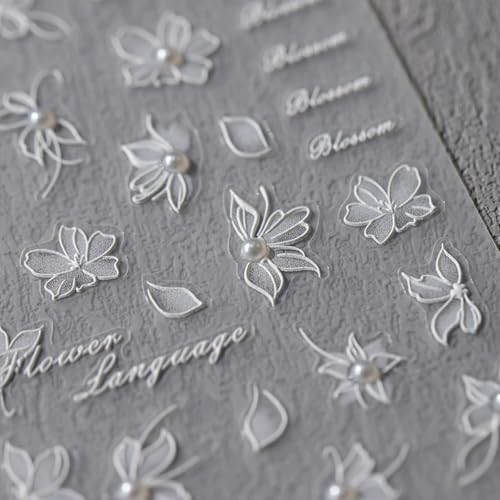 OHWODA Style2 White Flower Holographic 5D Embossed Nail Stickers with Pearls