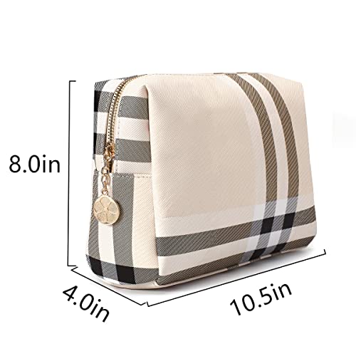 Jessyline Large Vegan Leather Makeup Bag - Travel Cosmetic Pouch (Beige)
