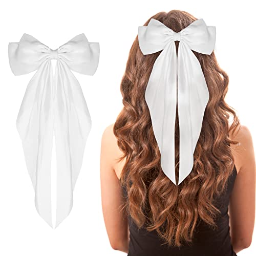 Big Bow Barrettes with Long Tail Ribbon – Satin Hair Clips for Women