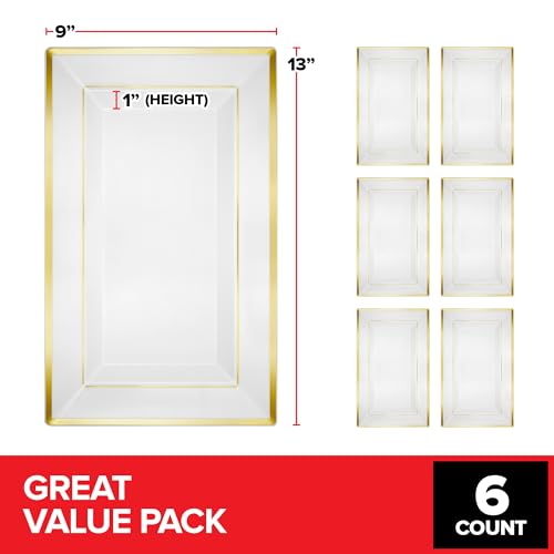 6-Pack White and Gold Plastic Serving Trays - Durable Disposable Platter for Parties