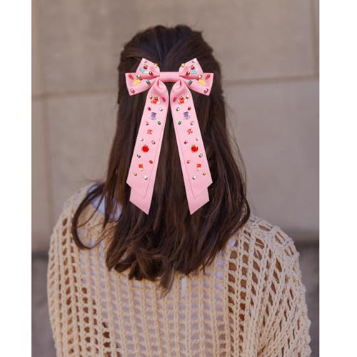 NVENF Pattern E Teacher Hair Bows for Women with Rhinestones – Pencil & Book Charms, Large 9.8-11.8in