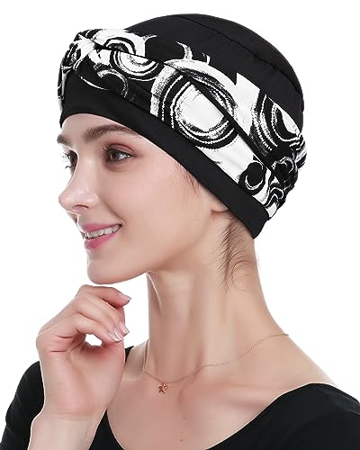 Alnorm Chemo Headwear Viscose Turban Hat for Women - White Black