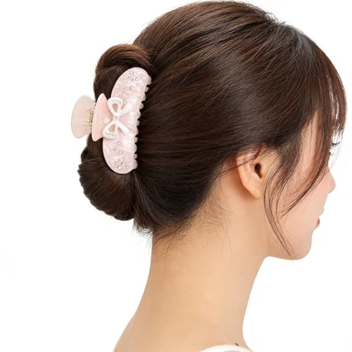 Pink Bow Claw Clip for Women - Non-Slip Rhinestone Hair Accessory