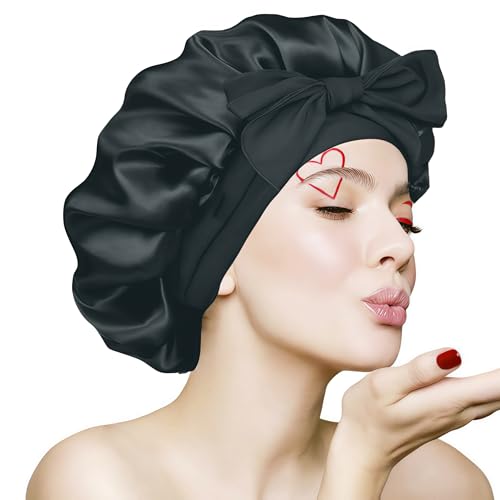 VECIIR Silk Bonnet for Sleeping Women, Ajustable Hair Bonnet for Curly Hairs Satin Bonnet Reduce Friction Prevent Frizz Black£¬Large