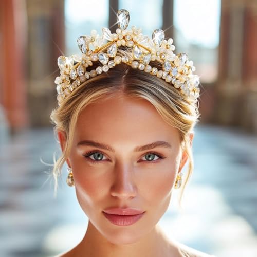Yean Gold Crystal Wedding Tiara with Pearls and Flowers for Bridal Hair Accessories