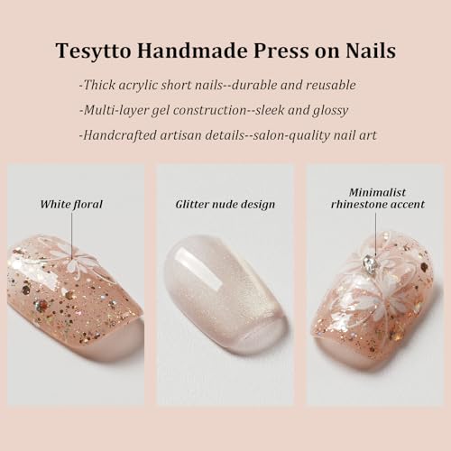 Warm Glossy Dream Press On Nails - Short Coffin Nude Glitter with White Flower Design