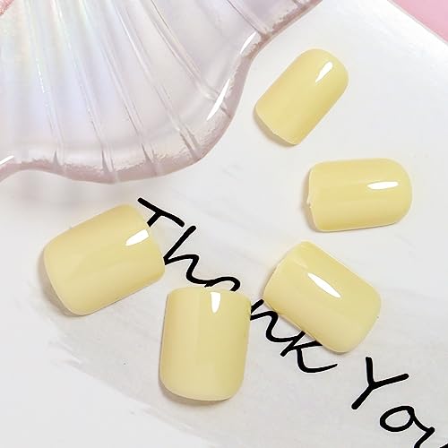 LPOODDNU 24Pcs Short Square Acrylic Press-On Nails - Light Yellow