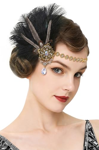 1920s Flapper Feather Headpiece - Black Great Gatsby Hair Accessory