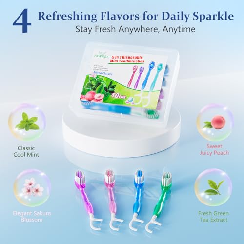 FAWROT 30 Pack 5-in-1 Mini Travel Toothbrush with Bead, Floss & Tongue Scraper