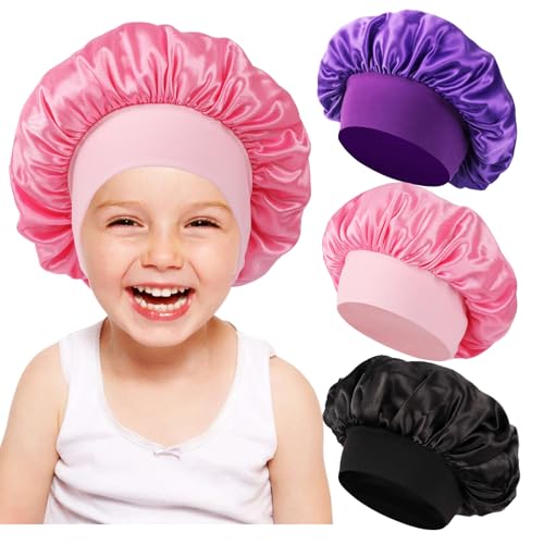 3 Pcs Kids Sleeping Bonnets for Girls & Boys Small-Medium A3-Black Pink Purple