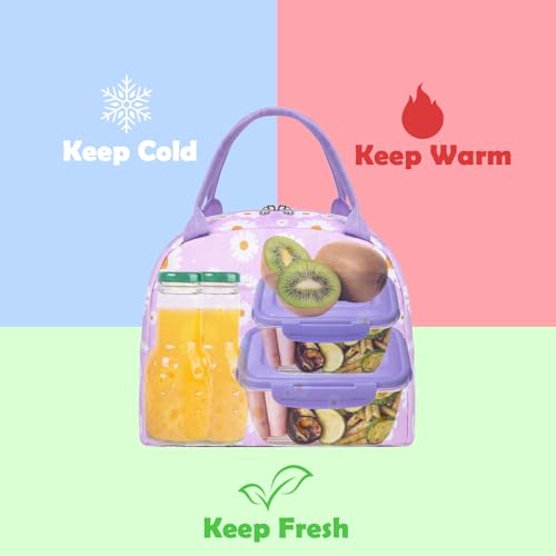 Kimwadalh Insulated Lunch Bag - Purple Daisy Tote for Work & Travel