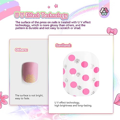 SAVILAND Kids Press On Nails Set - 168 Pre-Glued Short Nails, Blue Pink White Silver, Glitter Patterns for Ages 8-12