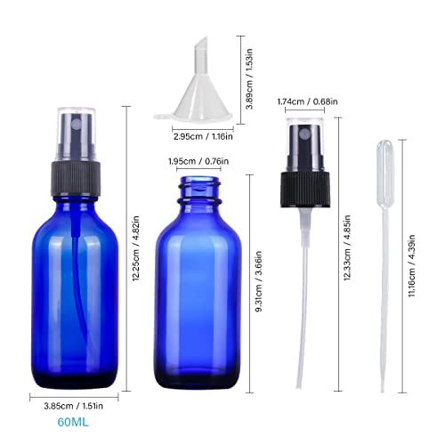 LUFEVRM 2oz Blue Glass Spray Bottles - Refillable Fine Mist (2 Pack)