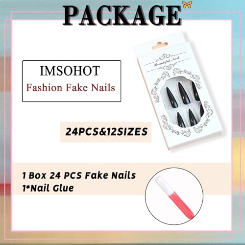 IMSOHOT Black Stiletto Press On Nails Extra Long Model 75-C09Black 24Pcs