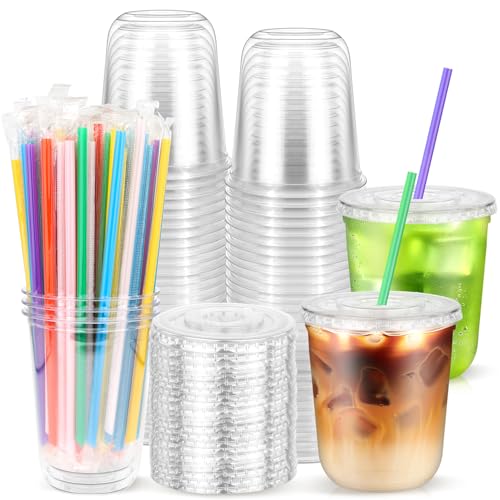 25 Pack 12 oz Clear Disposable Plastic Cups with Lids & Straws